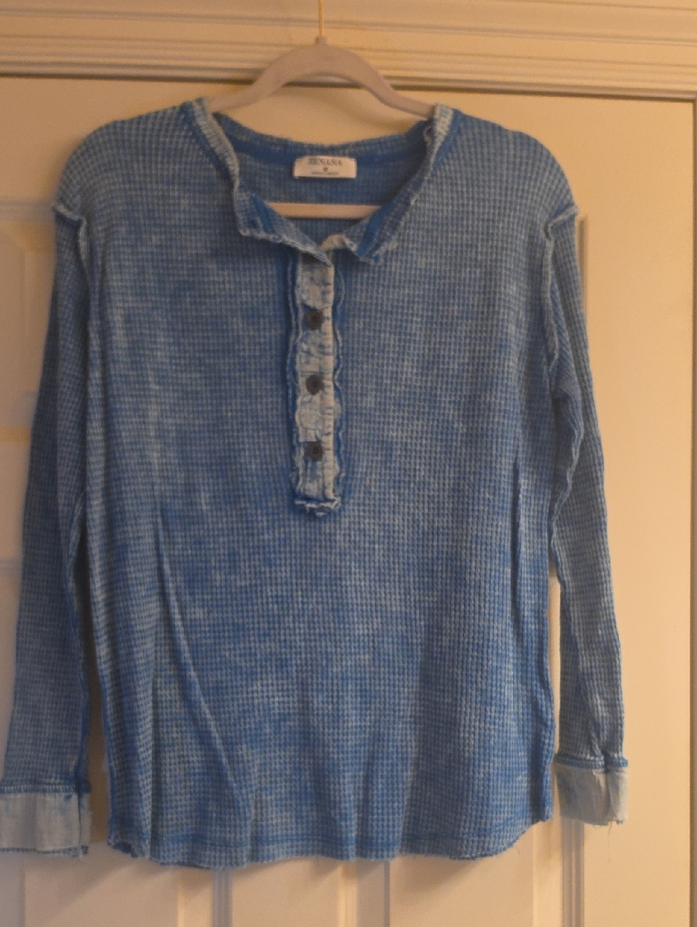 Blue Waffle Knit Henley Top with Button Placket